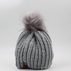 Handmade Hand Knit Acrylic Grey English Rib Knit Beanie Hat for Kids Pom Pom